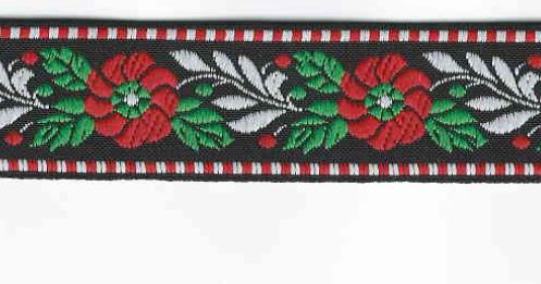Černá krojová stuha se vzorem - vzorovka - šíře 2,5 cm. Textilní tkaná stuha s červenými květy a červenými a zelenými a bílými lístky se uplatní zvláště při výrobě krojů a předmětů tradiční lidové kultury. Vhodná též k lemování tkanin a šatů panenek 
