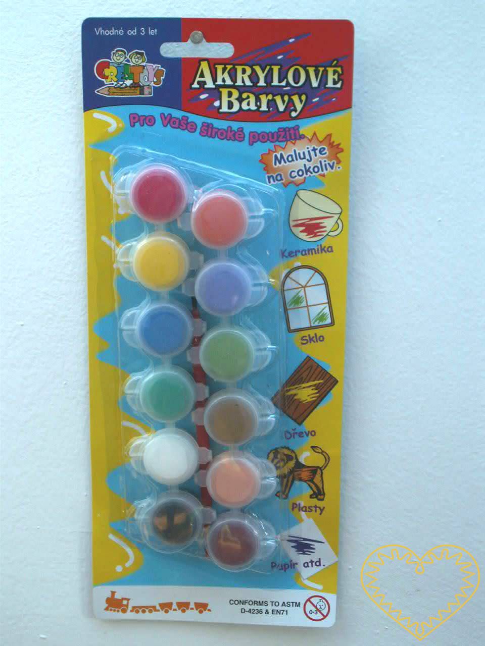 Akrylové barvy - sada 12 kusů po 5 ml. Akrylové barvy mají široké uplatnění. Lze je použít na dřevo, keramiku, sklo, papír, plasty apod. Jsou vodou ředitelné. Barvy je možné vzájemně míchat k rozšíření barevné škály. Balení obsahuje i štěteček.