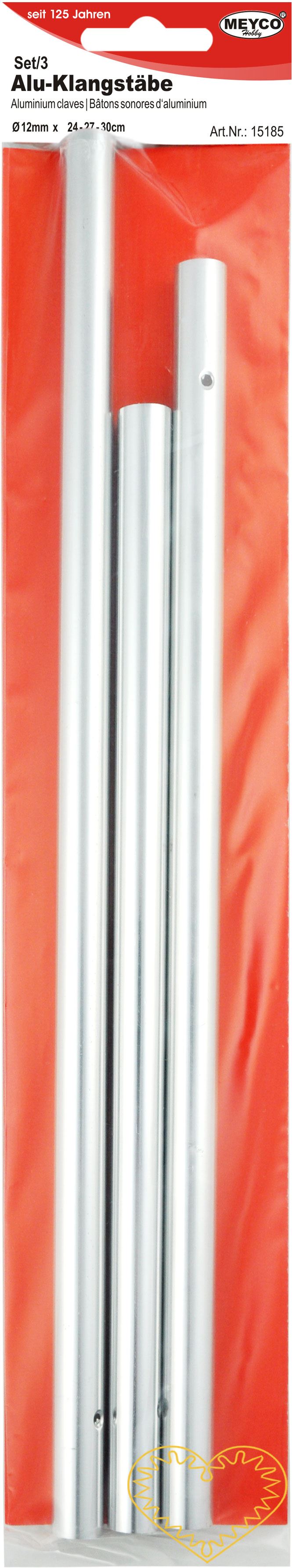 Zvonkohra - tři kovové hliníkové zvonící tyčinky v délce24, 27 a 30 cm. Prima materiál k výrobě vlastní originální zvonkohry.