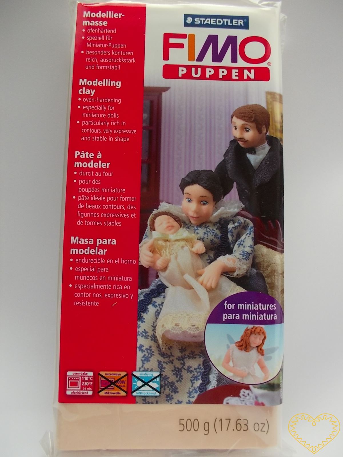 Fimo Puppen modelovací hmota na modelování malých panenek, loutek, apod. Vhodná je také pro jemnou modelářskou práci a přesné detaily. Výborně drží tvar. Extrémně hladká a stabilní, mísitelná s FIMO Soft a FIMO Classic. Balení 500g, barva tělová. Má