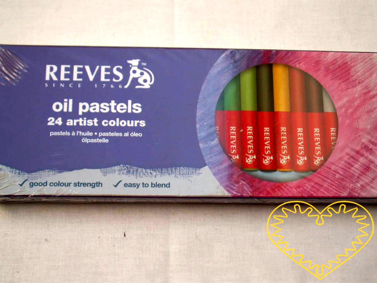 Olejové pastely - 24 kusů, značka Reeves. Velikost jednotlivých pastelů je 70 x 8 mm. Olejové pastely obsahují kromě pigmentu i vosky a tuk a svými vlastnostmi připomínají voskovky. Nanášení velké vrstvy a překrývání odstínů umožňuje vzájemné míchání