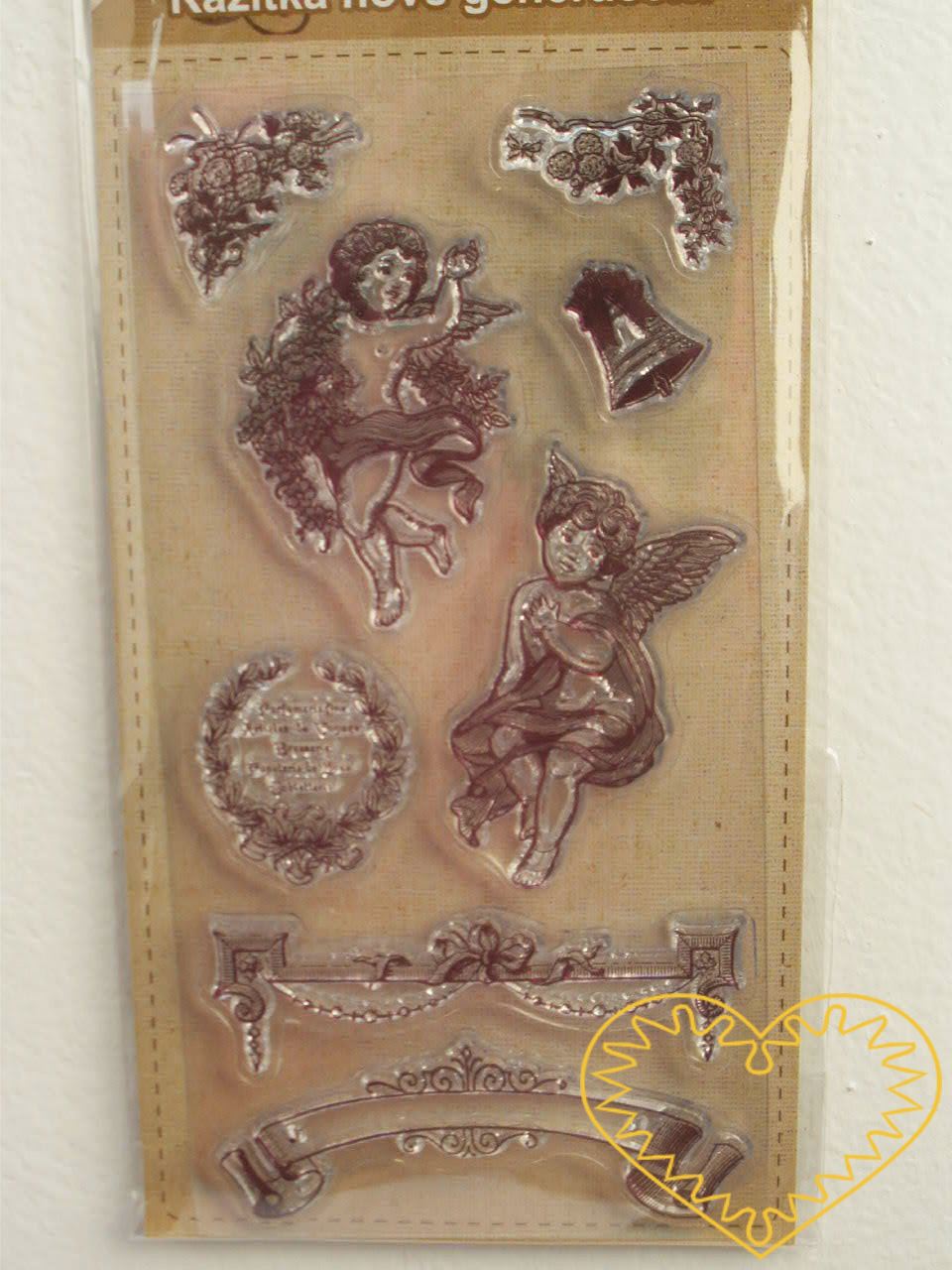 Gelová razítka - andílci, zvonek, bordury (8 x 14 cm). Velkou výhodou gelových razítek je to, že přesně vidíte místo, kam razítkujete. Lze snadno používat také k tisknutí na textil, hedvábí, keramiku, scrapbooking apod.