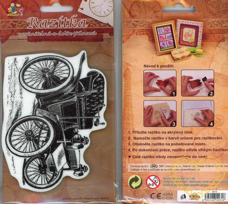 Razítko na pěnovce - auto veterán. Velikost razítka 12,5 x 9,2 cm. Velkou výhodou těchto razítek je to, že přesně vidíte místo, kam razítkujete. Lze snadno používat také k tisknutí na textil, hedvábí, keramiku, scrapbooking apod.
