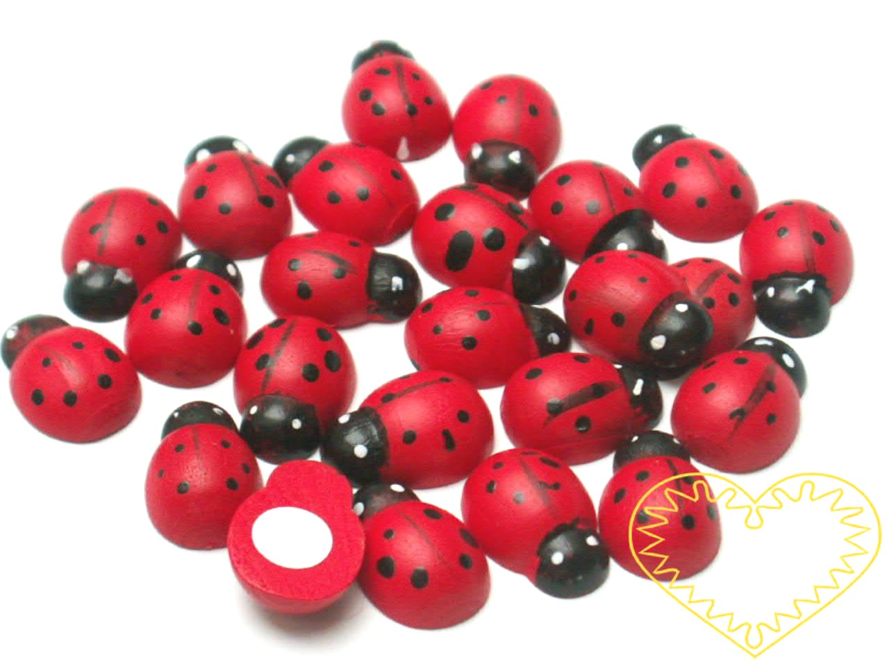 Červené dřevěné berušky velikosti 1,8 cm, s černými hlavičkami a puntíky. Na spodní straně mají samolep, takže je snadno můžete přilepit, kam potřebujete. Berušky lze využít k aranžování, k výrobě dekorací a šperků.