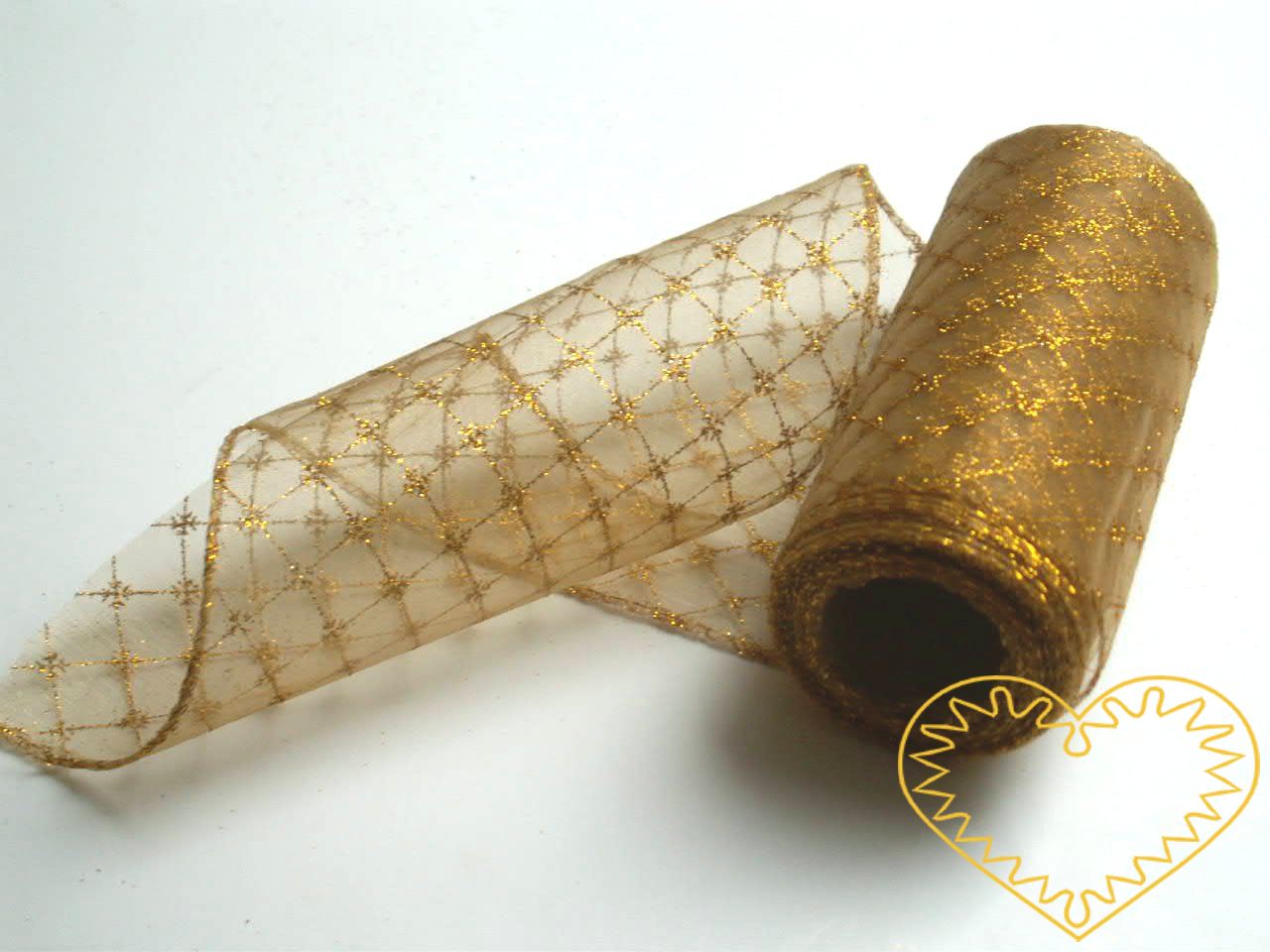 Organza zlatá mřížka - šíře 12 cm, délka 9,14 m, z obou stran obroubená. Vhodná dekorování, šití, aranžování, výzdobu slavnostní tabule, balení dárků, výrobu ozdob, broží apod..