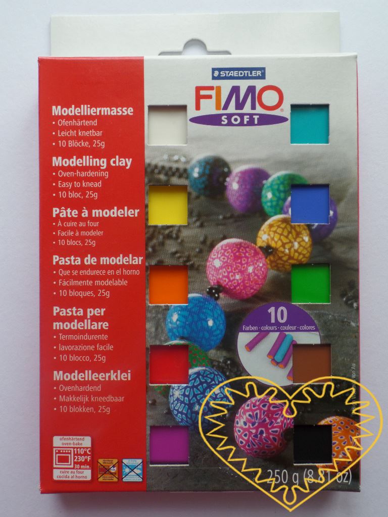 Fimo soft sada - obsahuje 10 jasných barev. Hmota Fimo soft je tvárná a měkká, spojením barev se snadno se dají namíchat další odstíny. Po rozbalení můžete hned modelovat. Vaše výrobky vytvrdíte v domácí troubě. Sada obsahuje 10 polo bloků FIMO Soft 